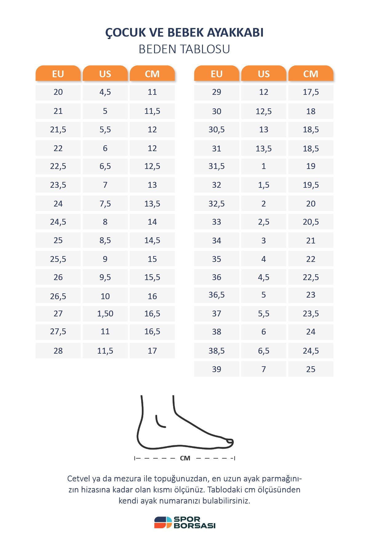 Vans çocuk ayakkabı beden tablosu
